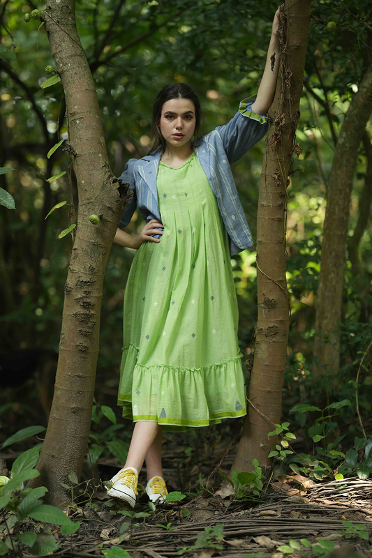 Green Jamdhani Frock with Short Jacket in Denim Colour