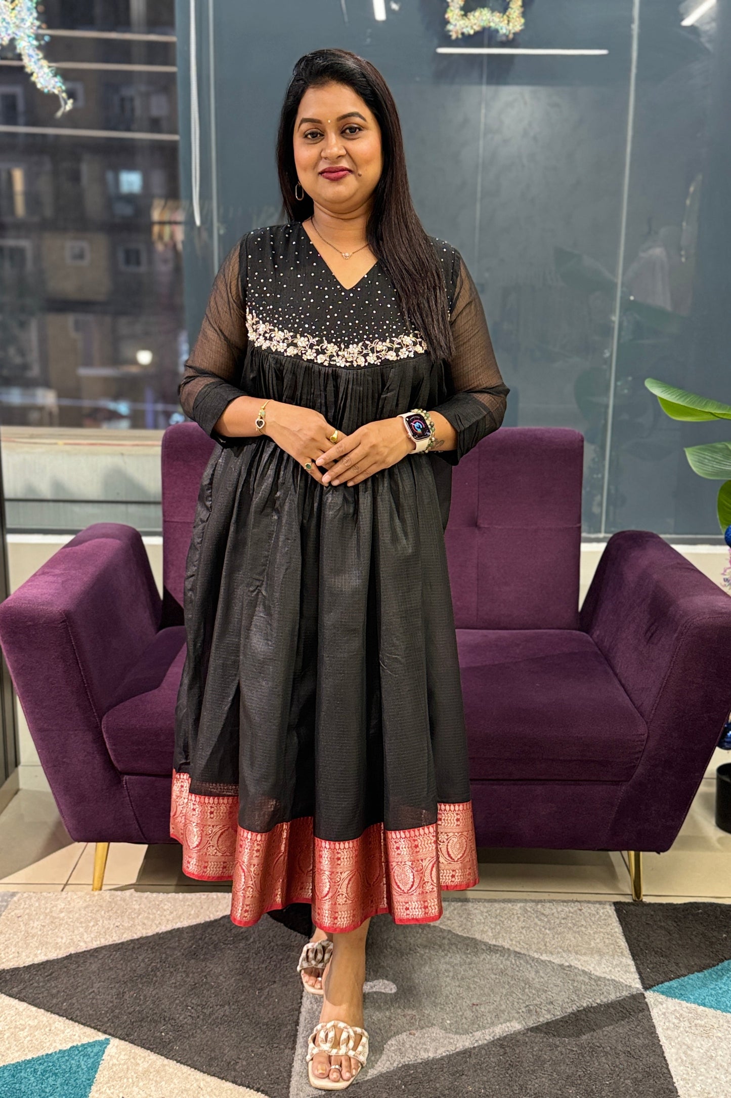 Black Banaras Kota Frock with handwork