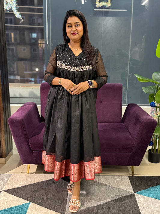 Black Banaras Kota Frock with handwork