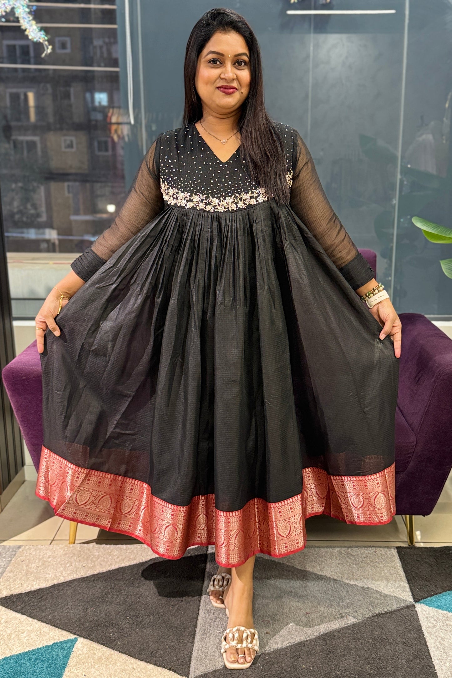 Black Banaras Kota Frock with handwork