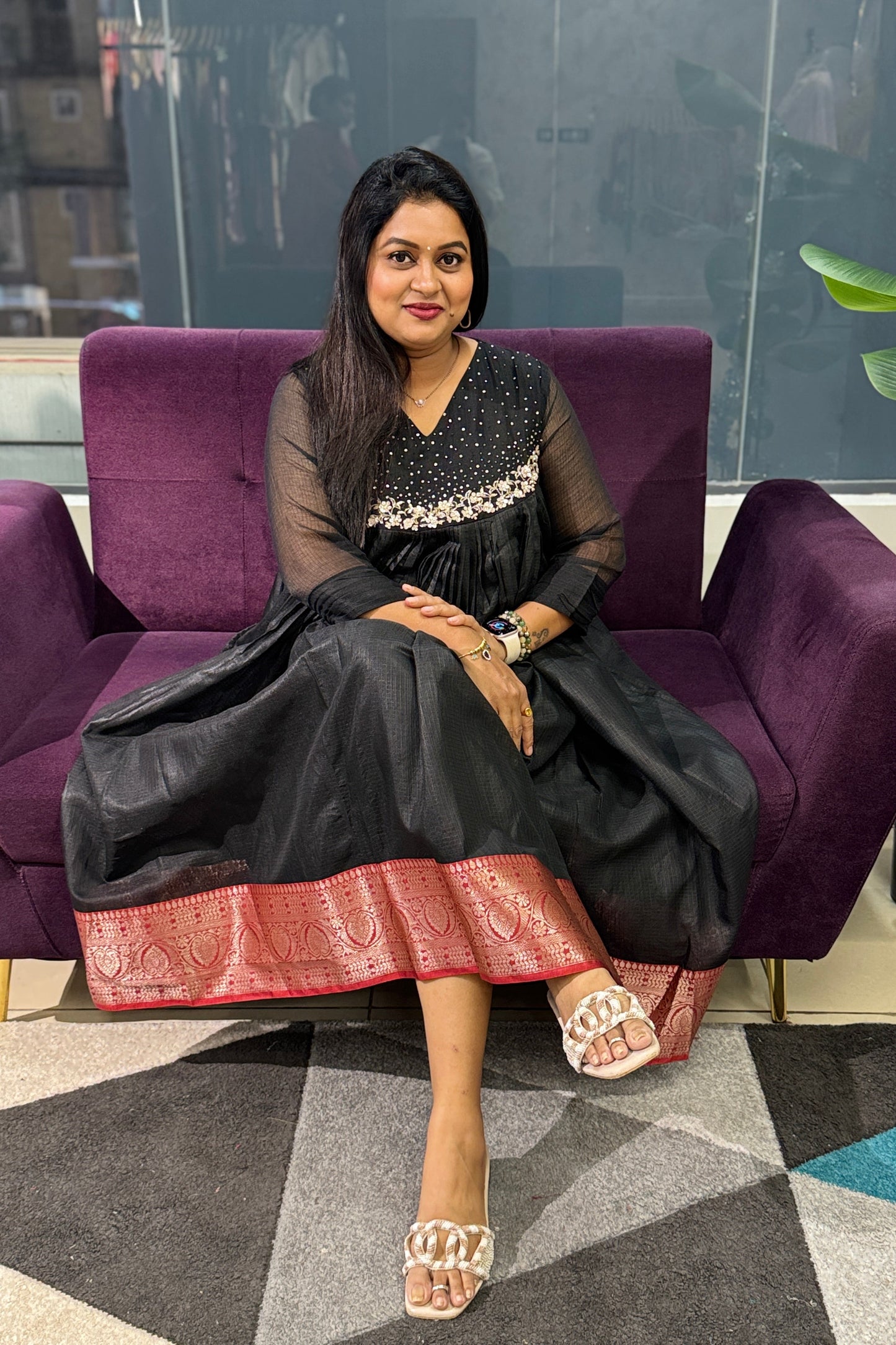 Black Banaras Kota Frock with handwork