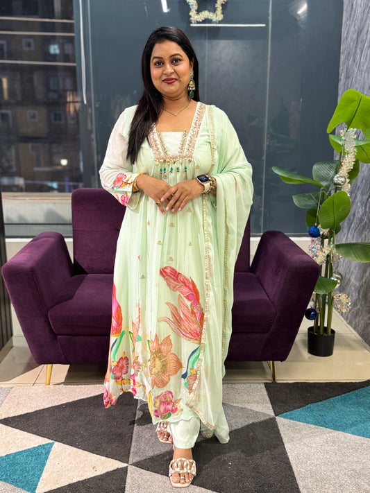 Pista Green Pure chinnon Ethnic Wear suit set