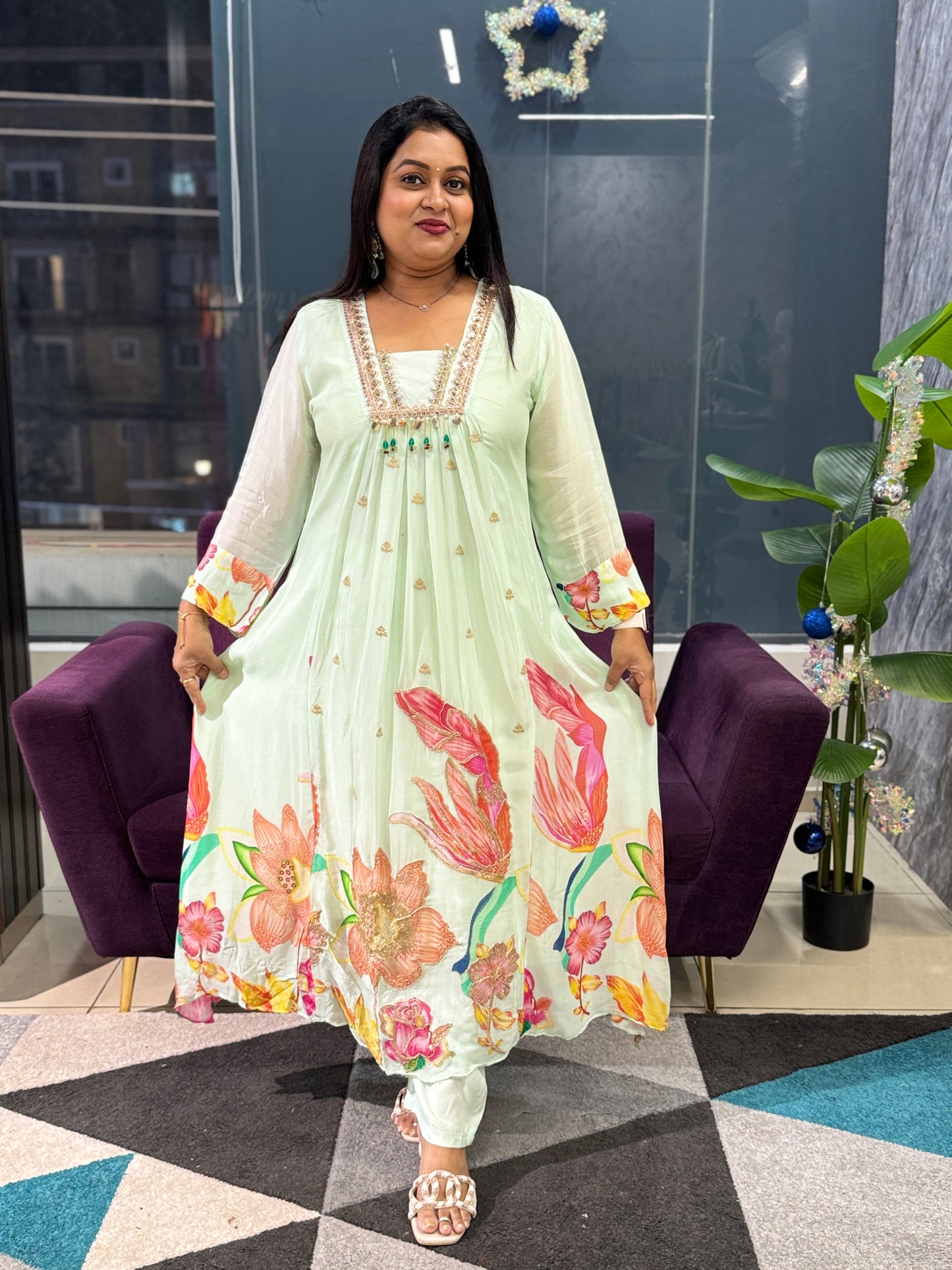 Pista Green Pure chinnon Ethnic Wear suit set