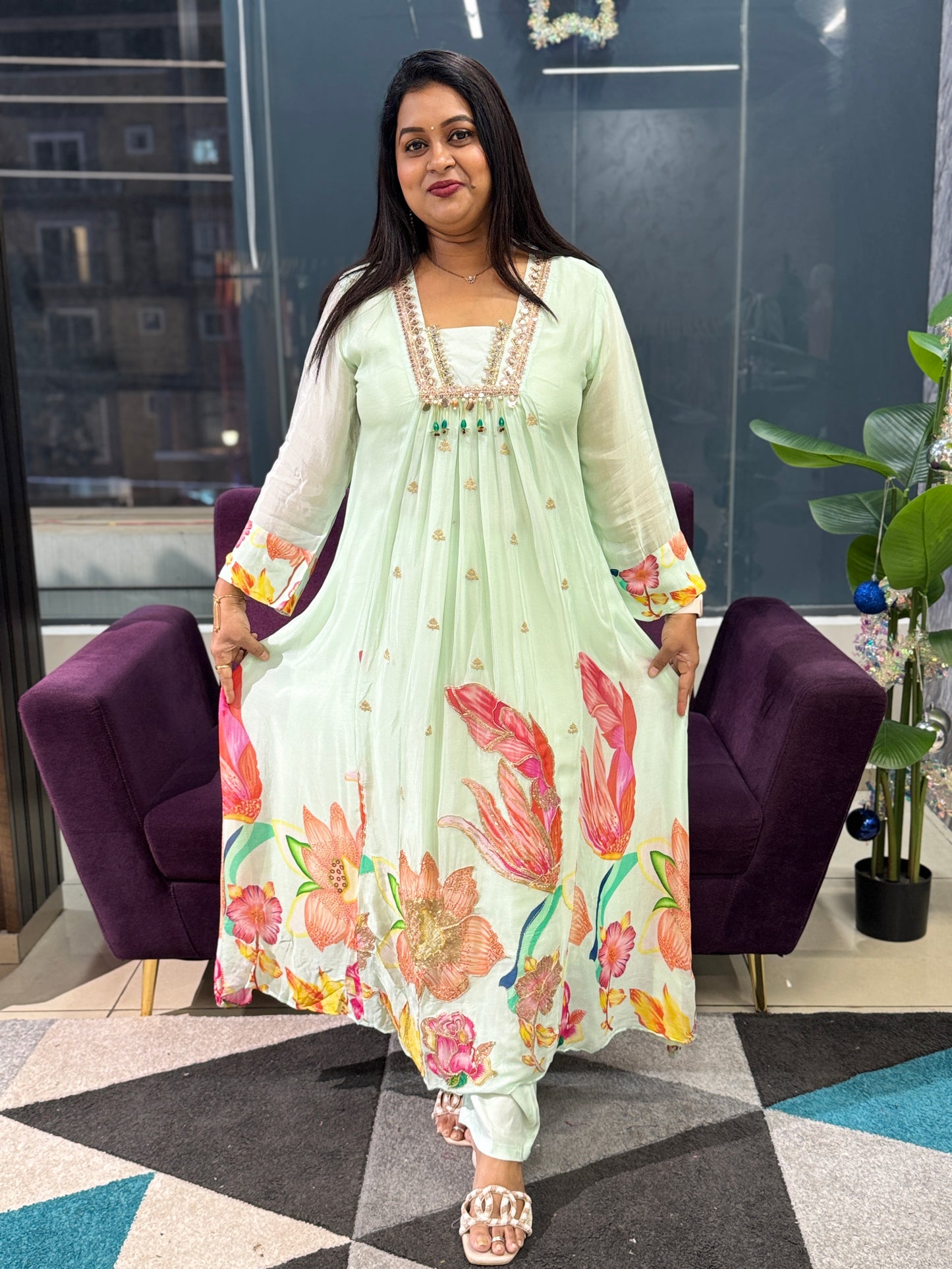 Pista Green Pure chinnon Ethnic Wear suit set