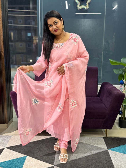 Baby Pink Pure Mulchanderi Suit Set