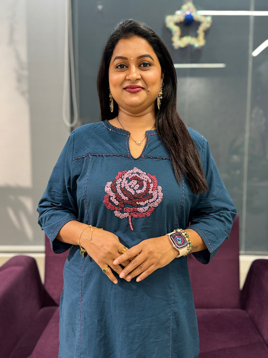 Blue Colour Cotton suit set with pearl detailing