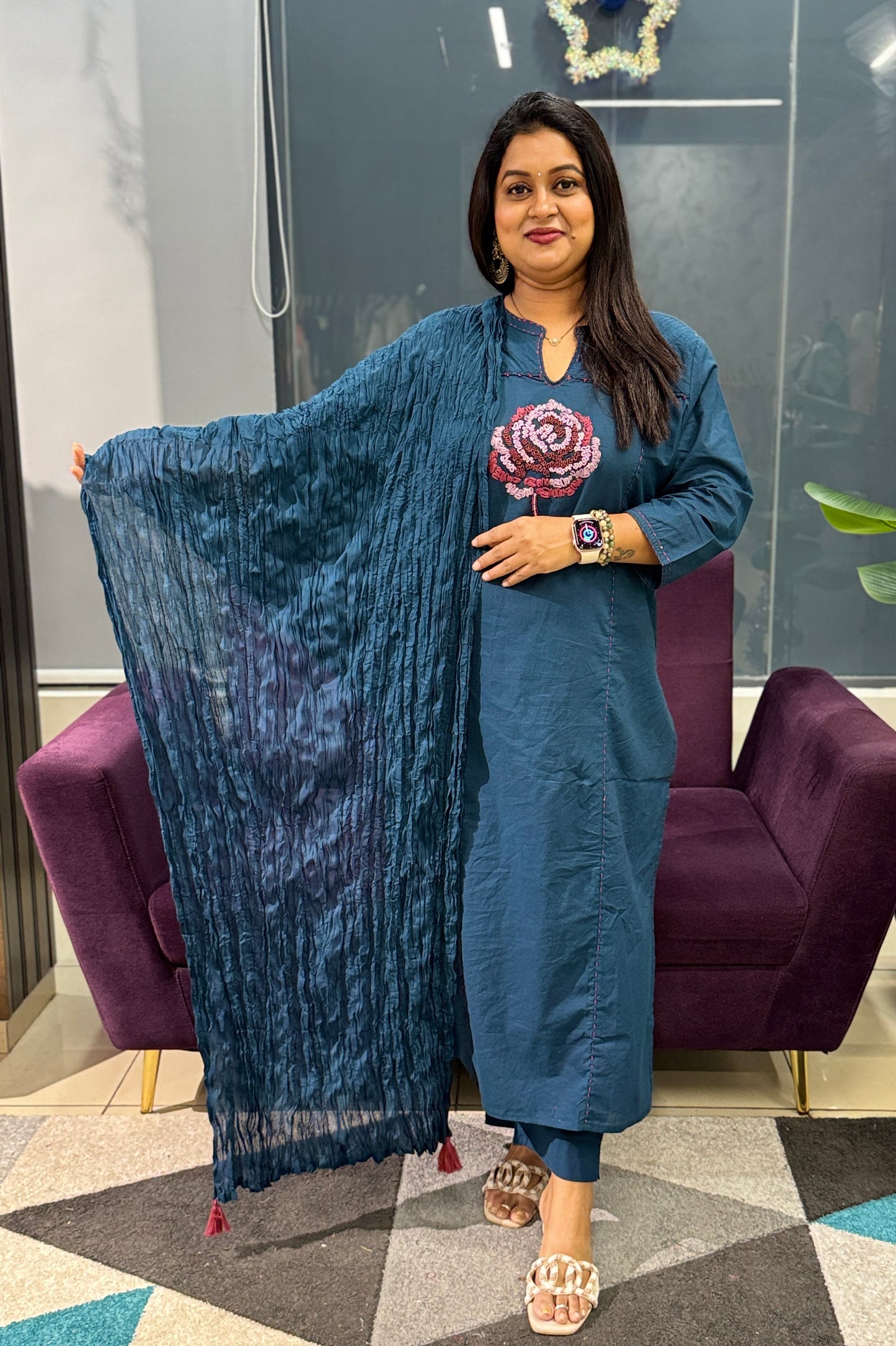 Blue Colour Cotton suit set with pearl detailing