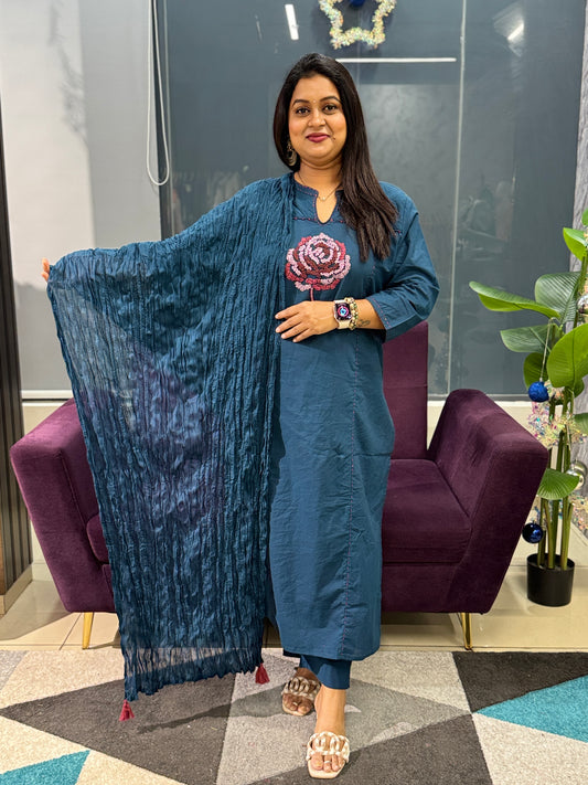 Blue Colour Cotton suit set with pearl detailing