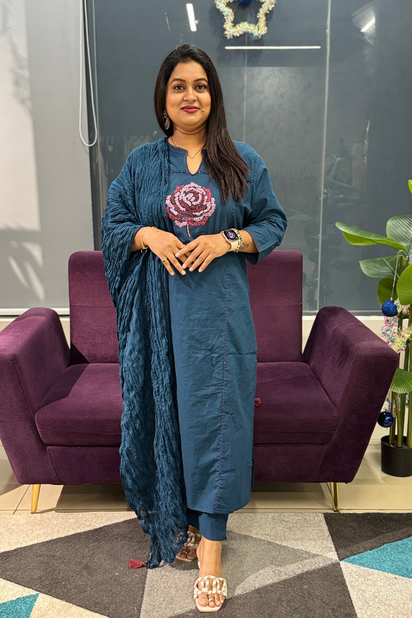 Blue Colour Cotton suit set with pearl detailing