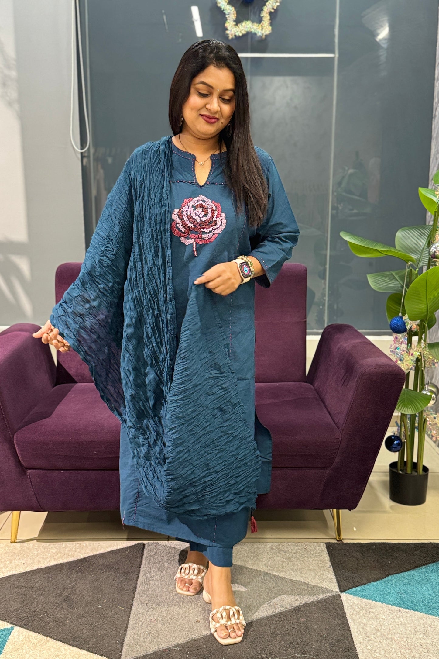 Blue Colour Cotton suit set with pearl detailing