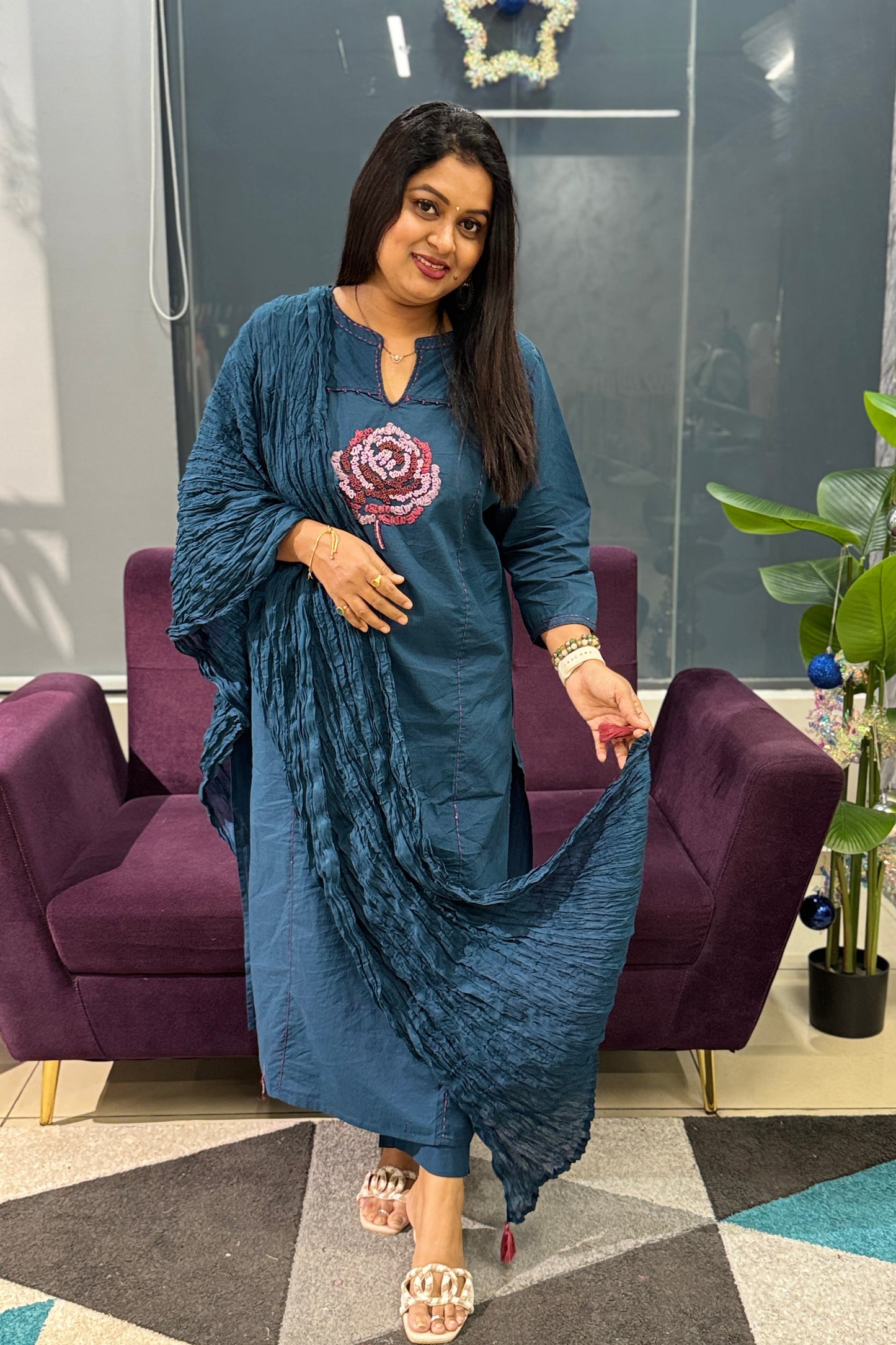 Blue Colour Cotton suit set with pearl detailing