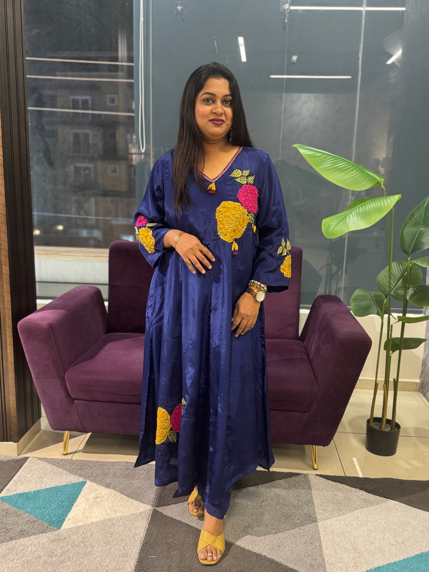 Pure Crepe Royal blue colour designer Aplique suit set