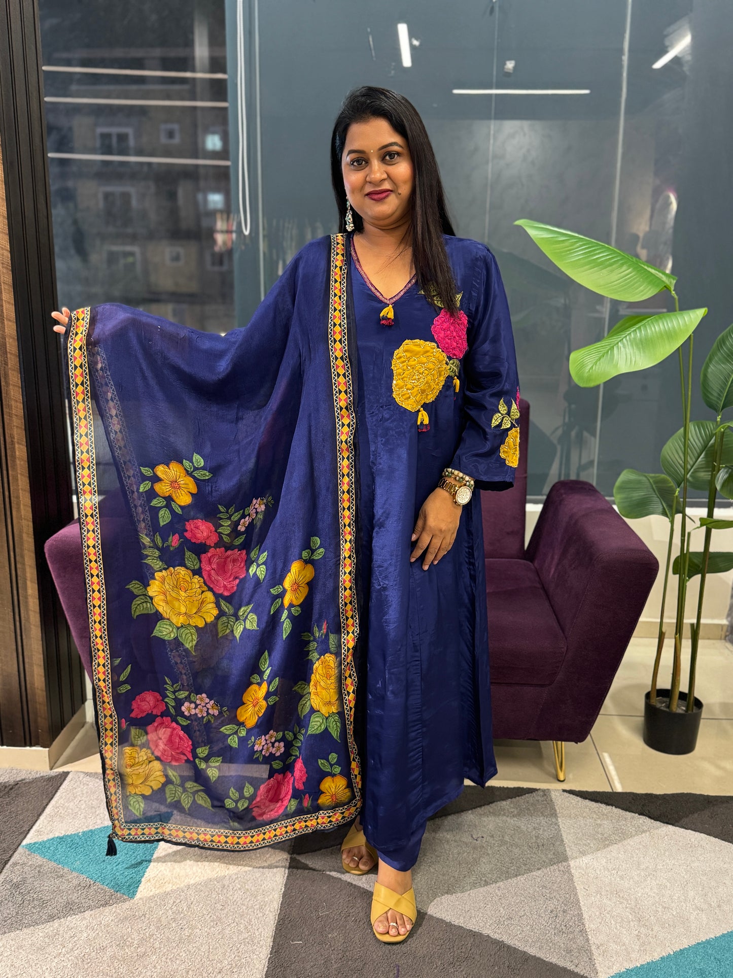 Pure Crepe Royal blue colour designer Aplique suit set