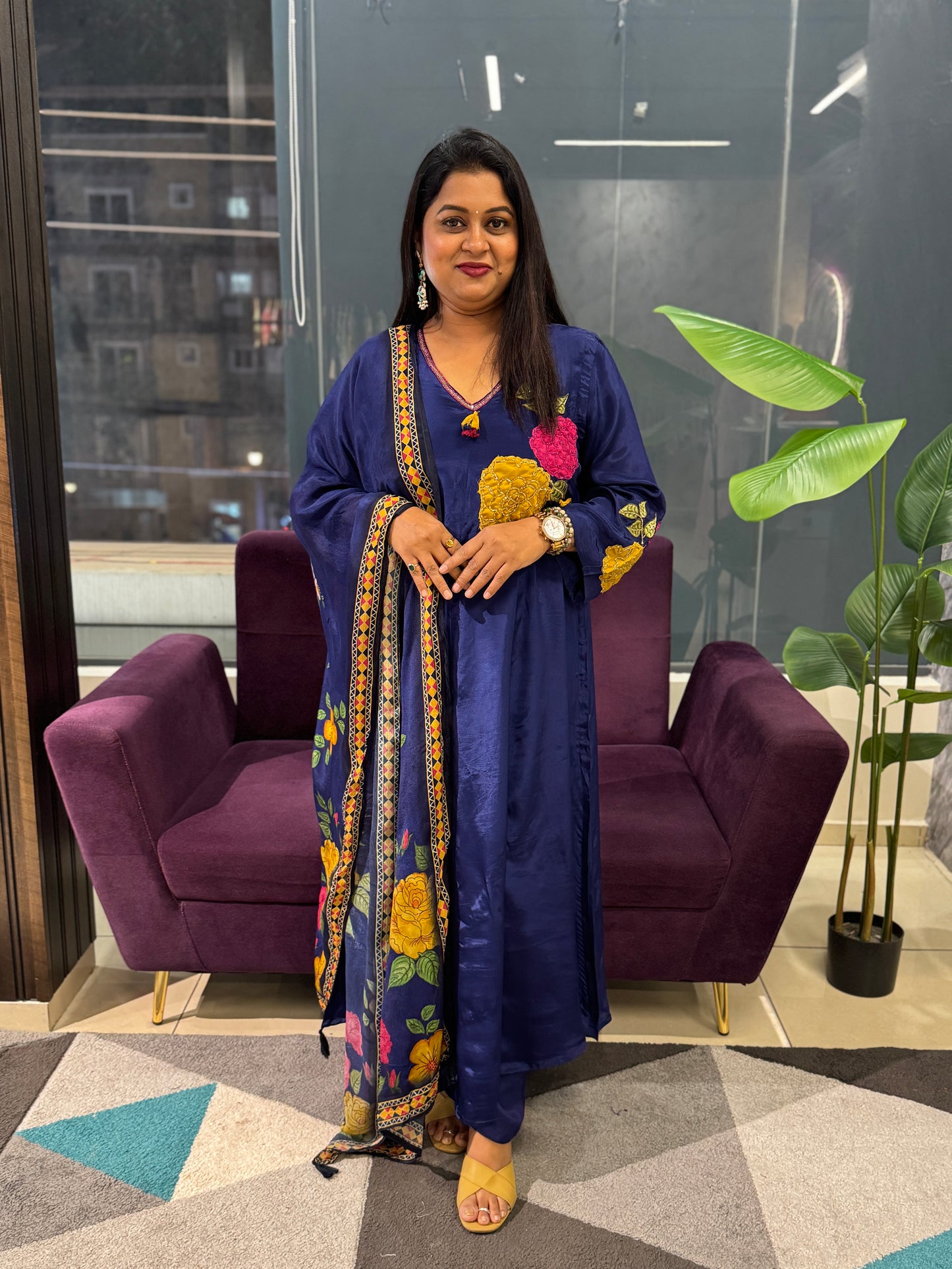 Pure Crepe Royal blue colour designer Aplique suit set