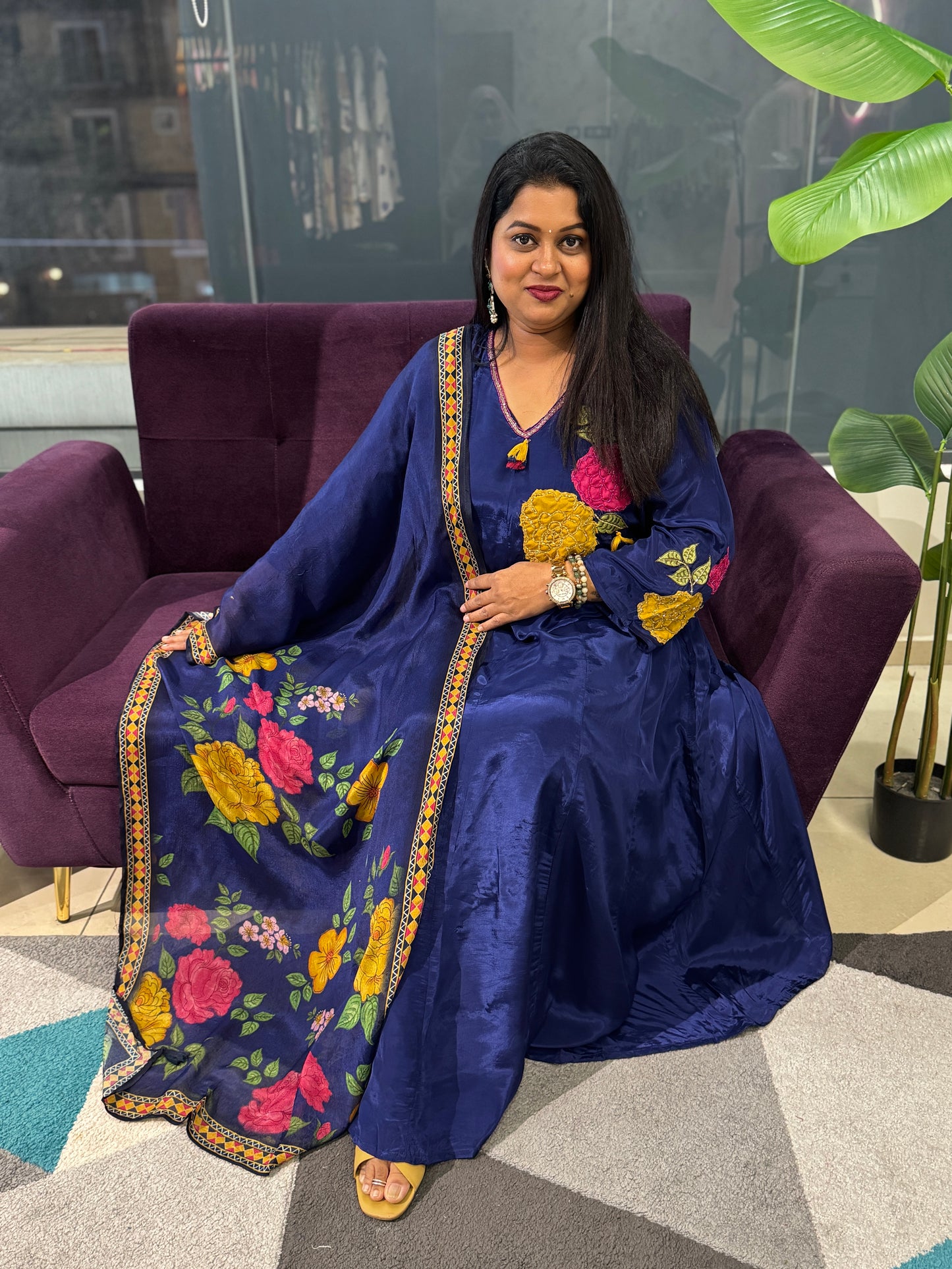 Pure Crepe Royal blue colour designer Aplique suit set