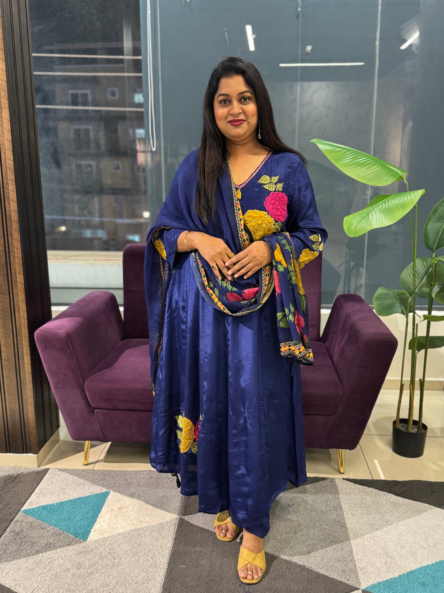 Pure Crepe Royal blue colour designer Aplique suit set