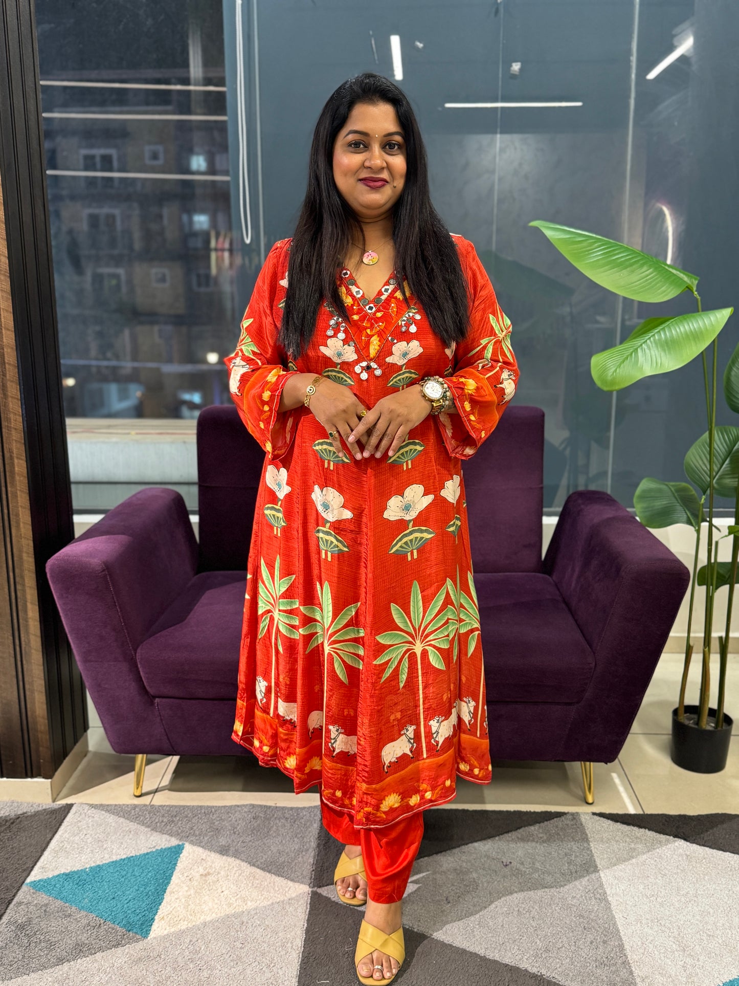 Pure Crepe pichwai print orange colour suit set