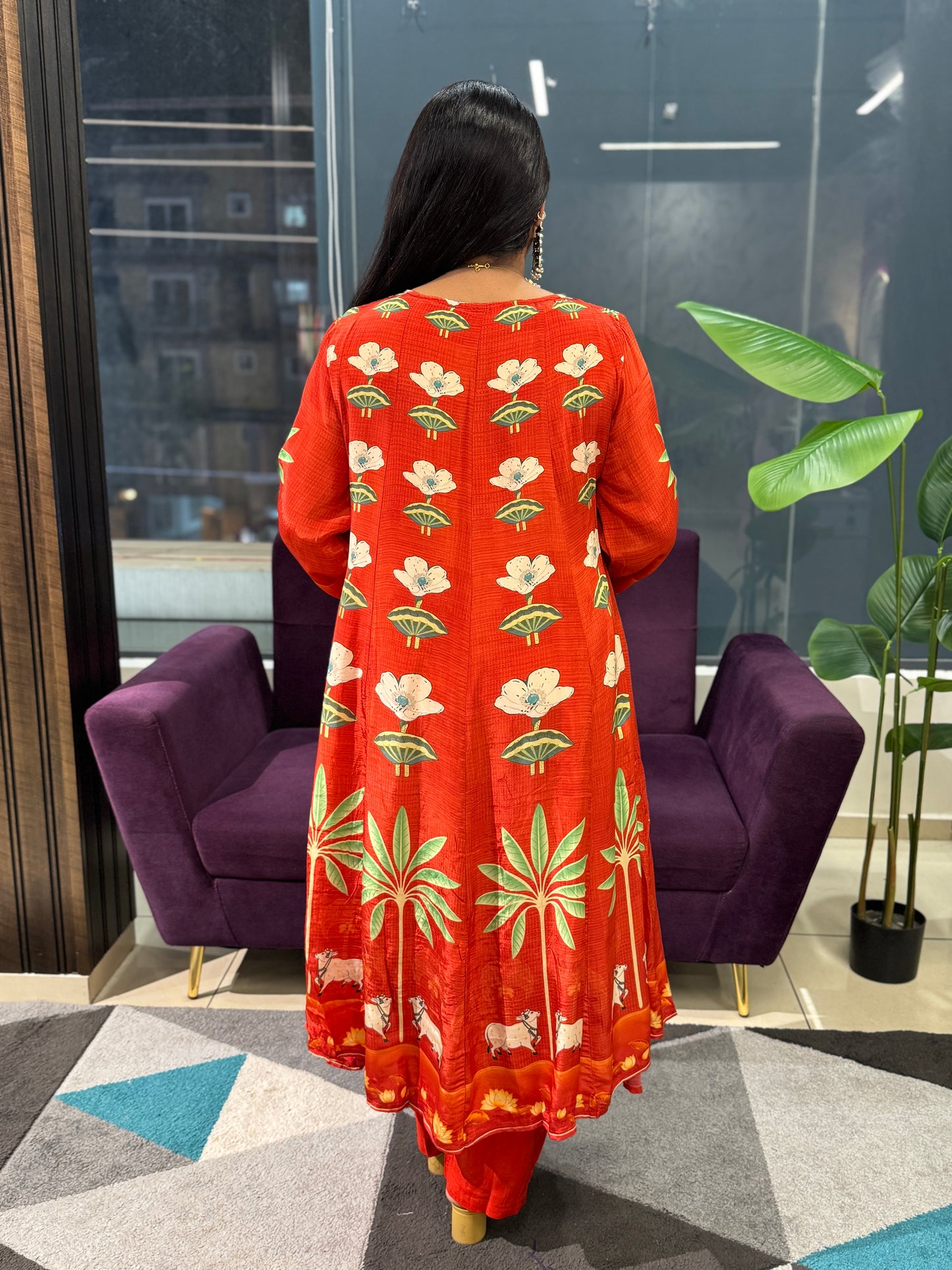 Pure Crepe pichwai print orange colour suit set