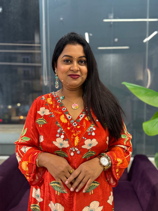 Pure Crepe pichwai print orange colour suit set