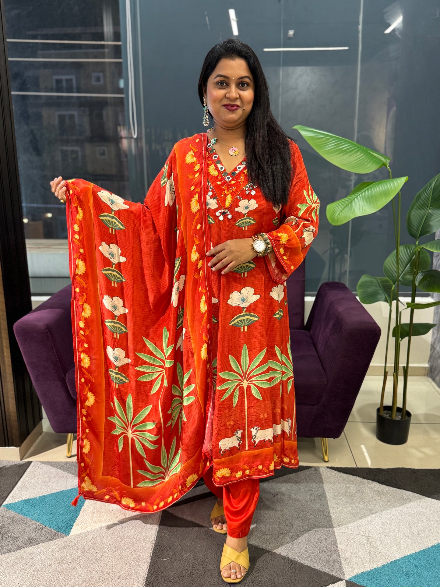 Pure Crepe pichwai print orange colour suit set