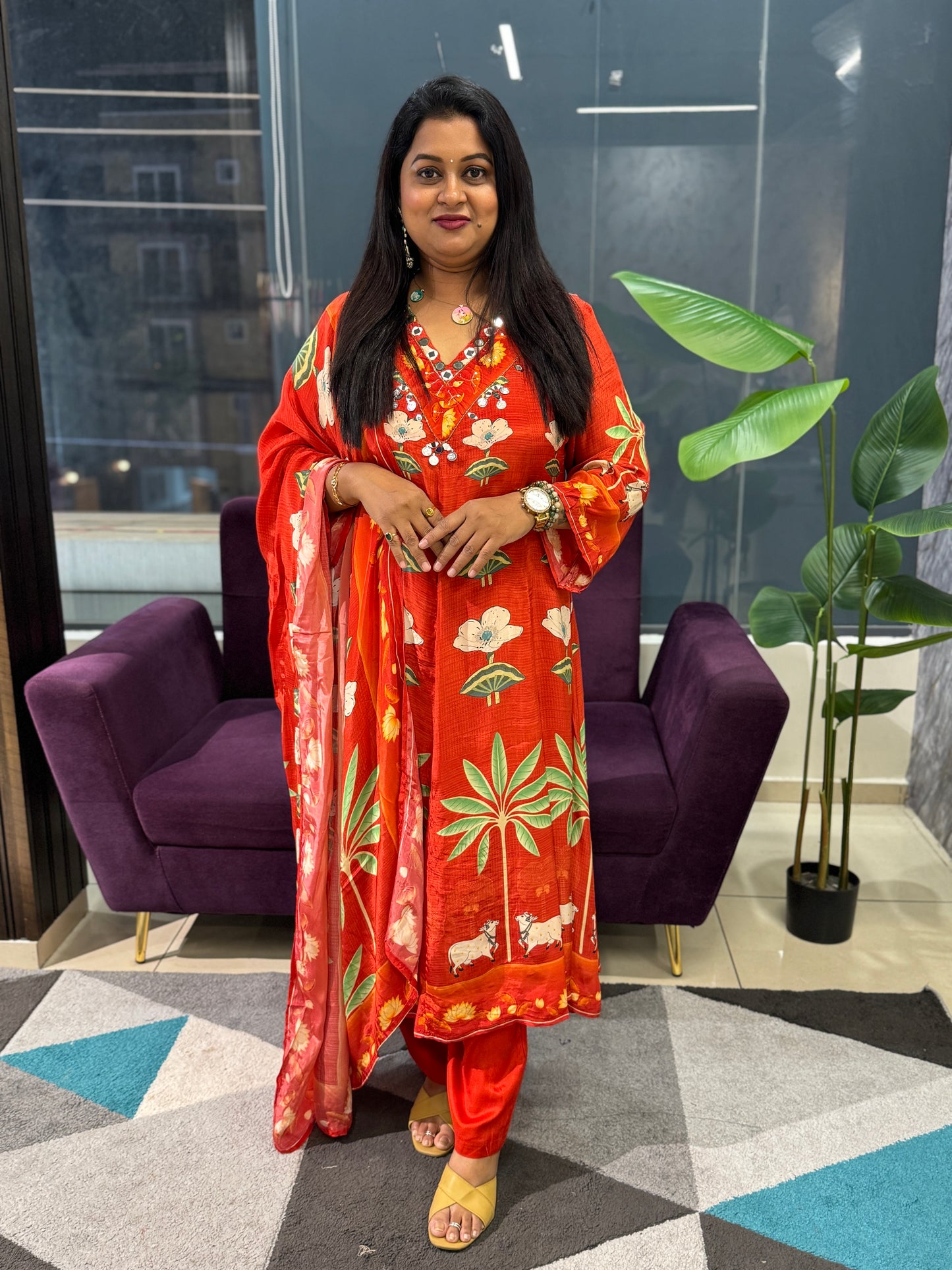 Pure Crepe pichwai print orange colour suit set