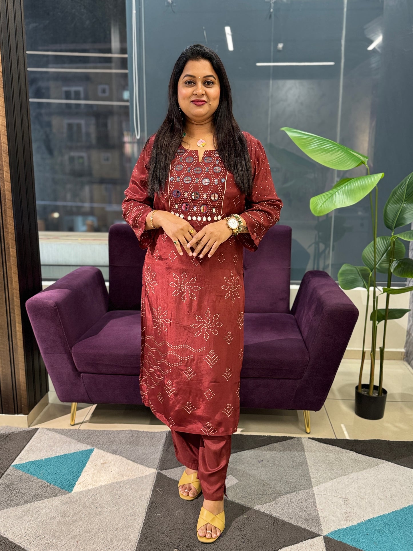 Pure Crepe Ajrakh Suit Set with Real mirror work