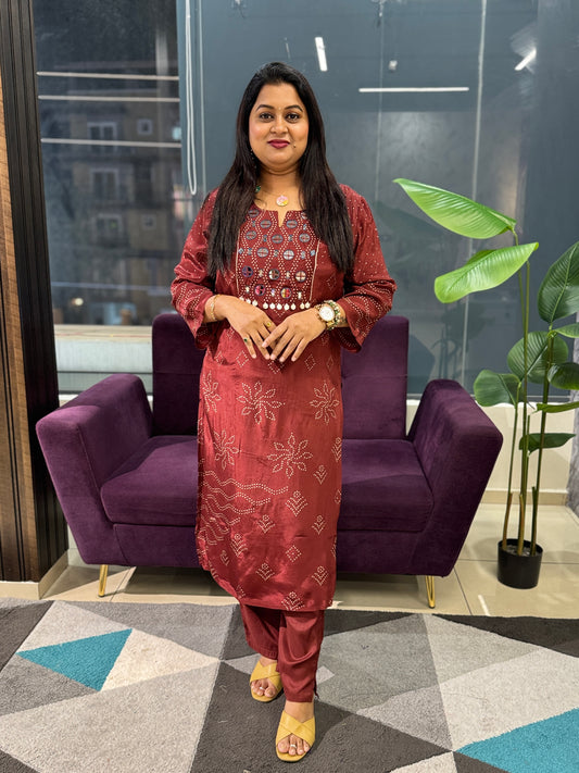 Pure Crepe Ajrakh Suit Set with Real mirror work