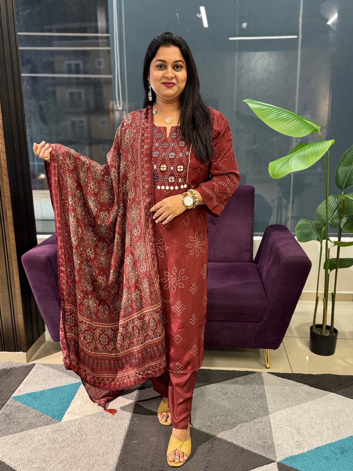 Pure Crepe Ajrakh Suit Set with Real mirror work