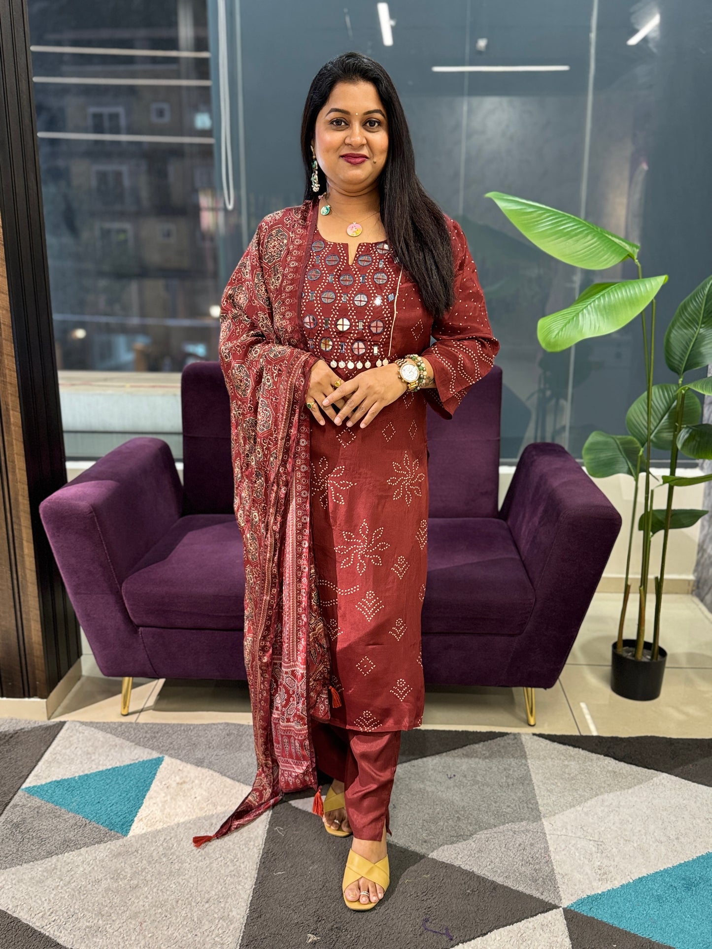 Pure Crepe Ajrakh Suit Set with Real mirror work