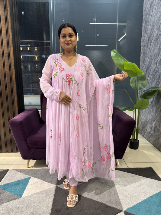 Lavender Hand Painted Chiffon Chudi Sleeves Article