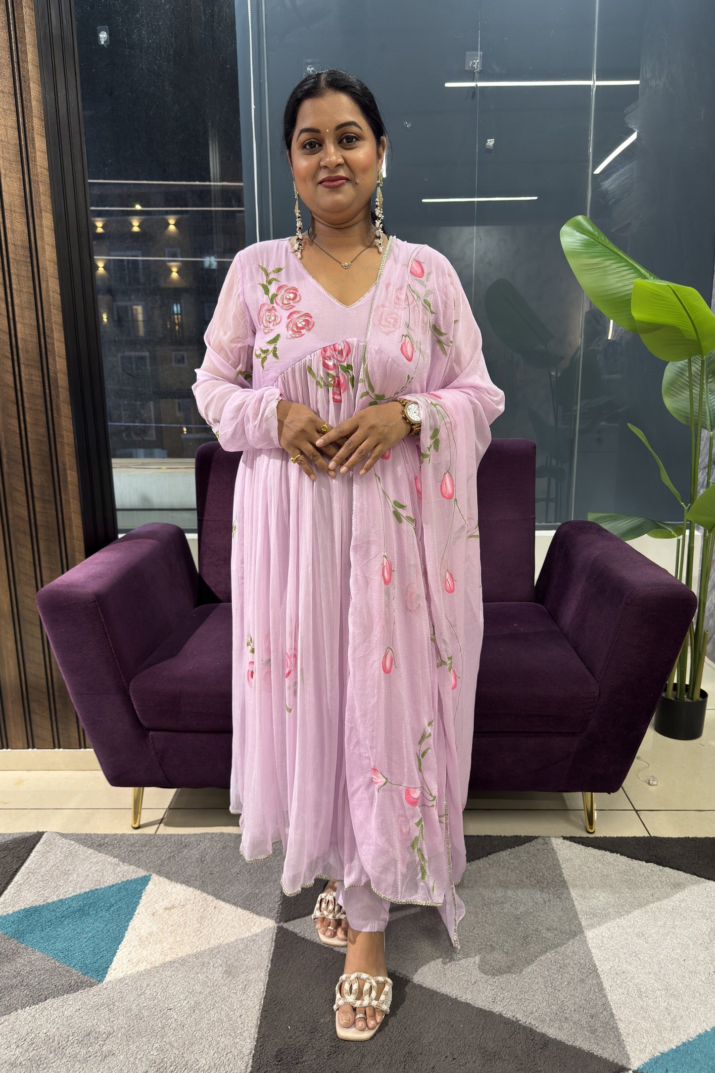 Lavender Hand Painted Chiffon Chudi Sleeves Article