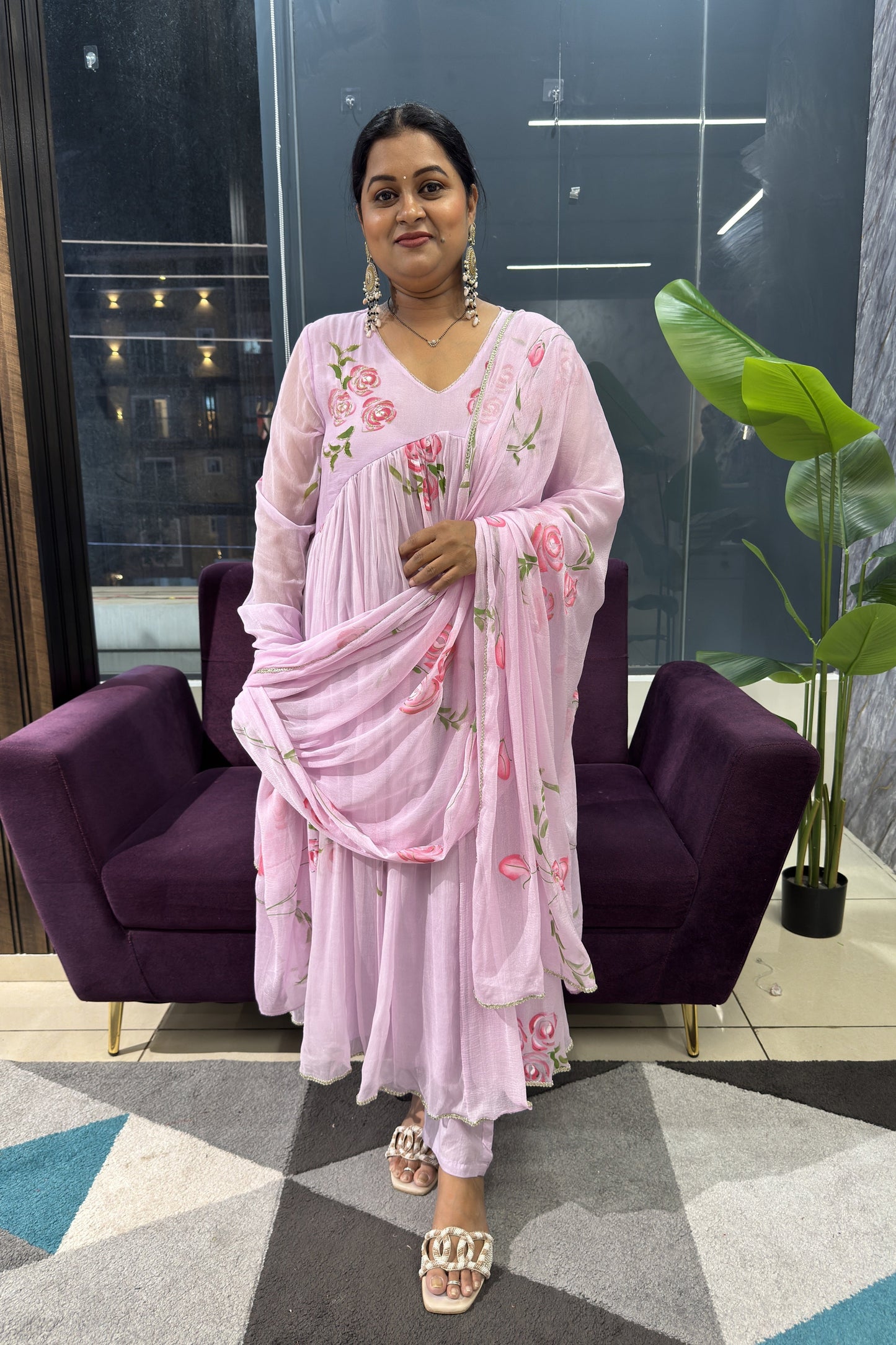 Lavender Hand Painted Chiffon Chudi Sleeves Article