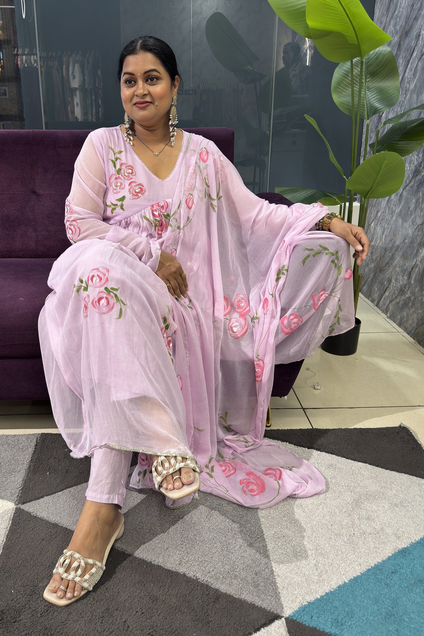 Lavender Hand Painted Chiffon Chudi Sleeves Article