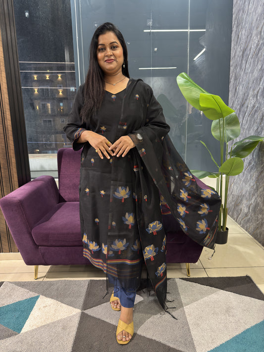 Pure jamdhani weaving Black Suit Set