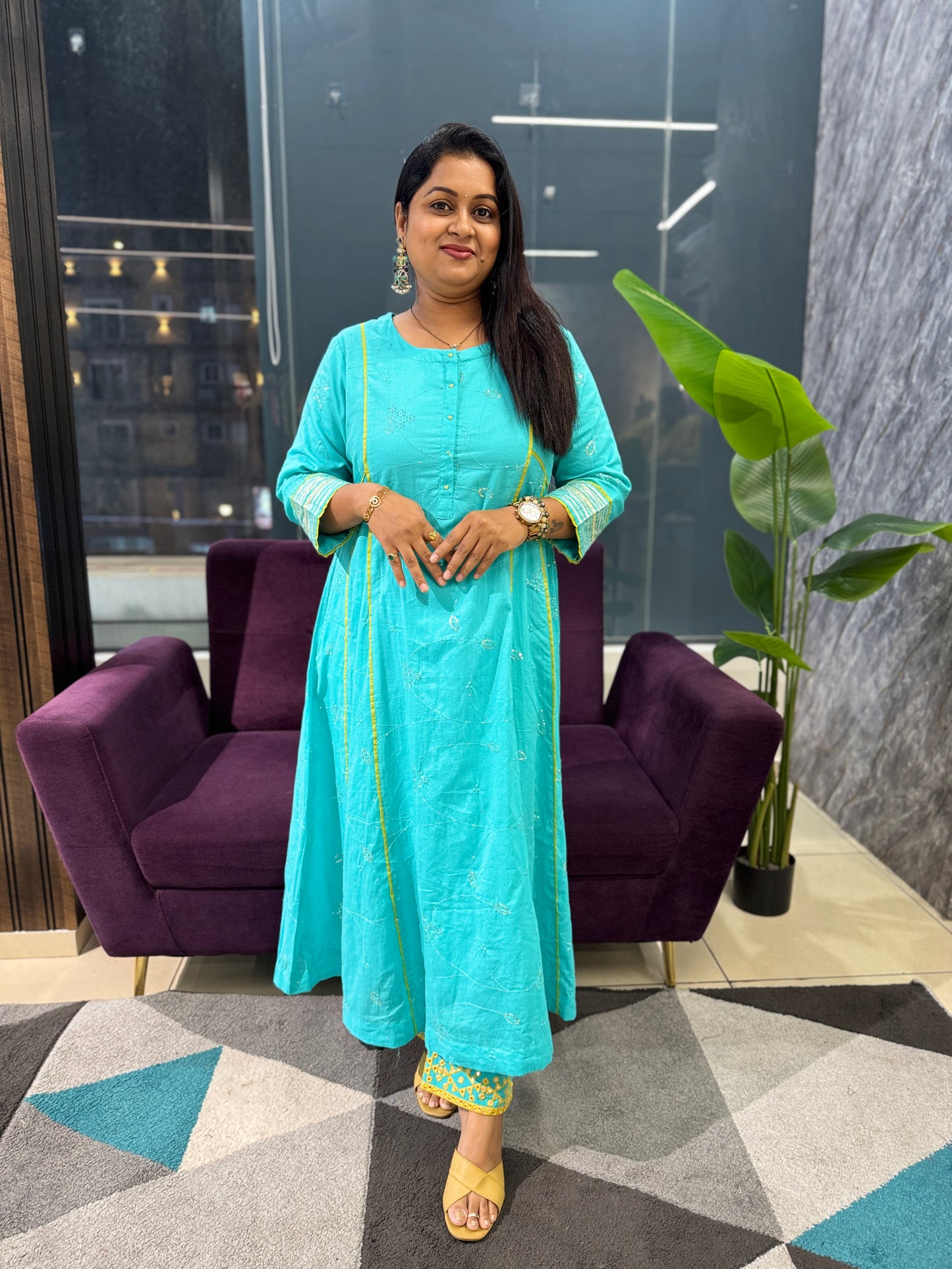 Premium cotton Sequence work suit set with Kota doriya dupatta