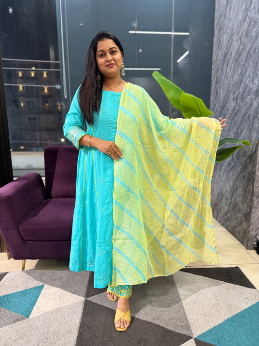 Premium cotton Sequence work suit set with Kota doriya dupatta