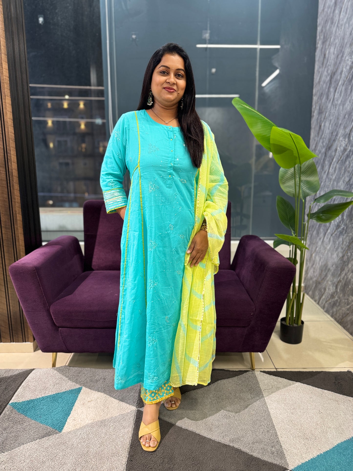 Premium cotton Sequence work suit set with Kota doriya dupatta
