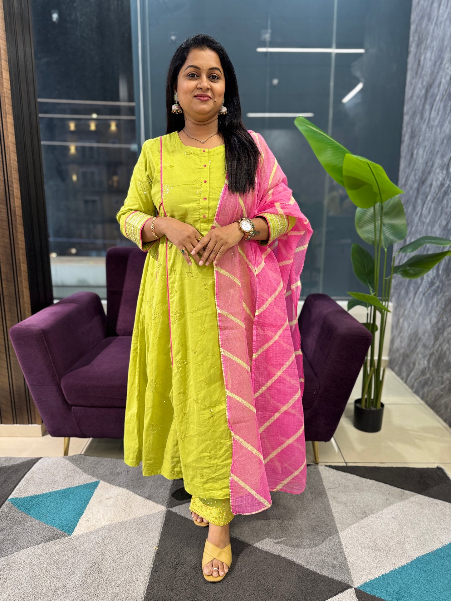 Premium cotton Sequence work suit set with Kota doriya dupatta