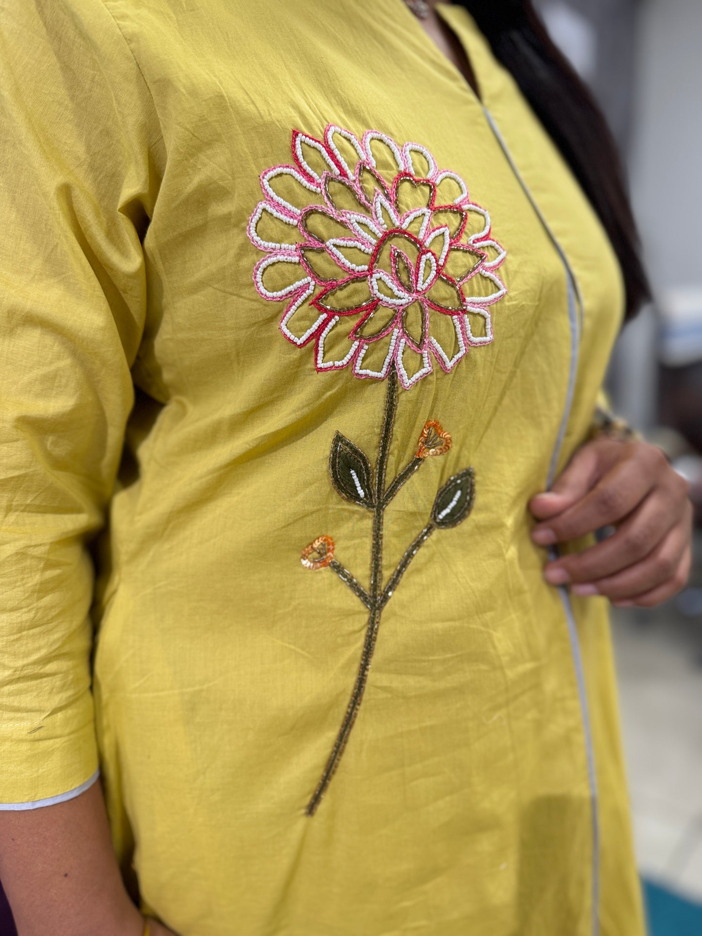 Classy Cotton Kurti Pant with work on yoke