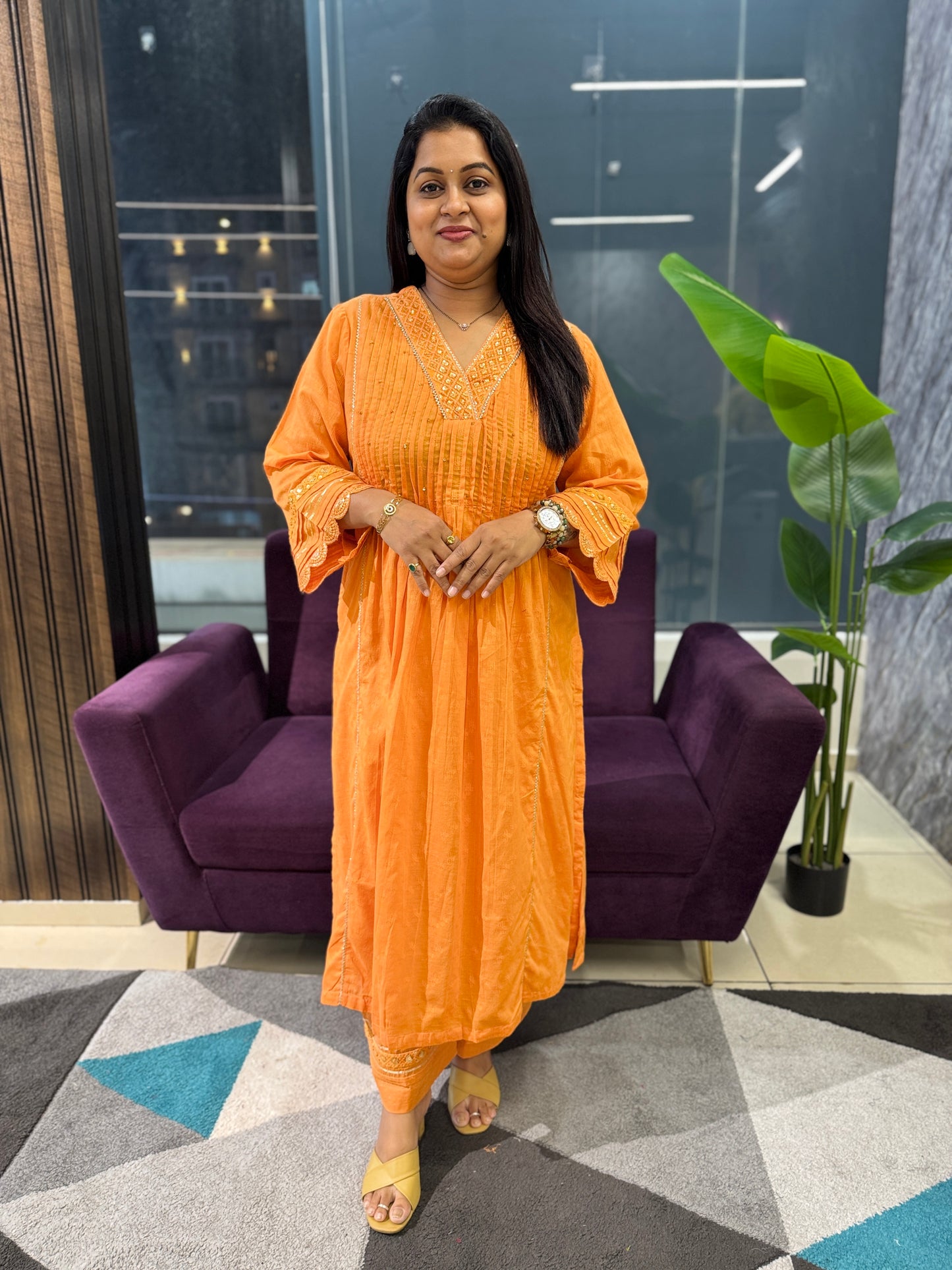 Orange colour Mulcotton Suit set with Kota Doriya dupatta