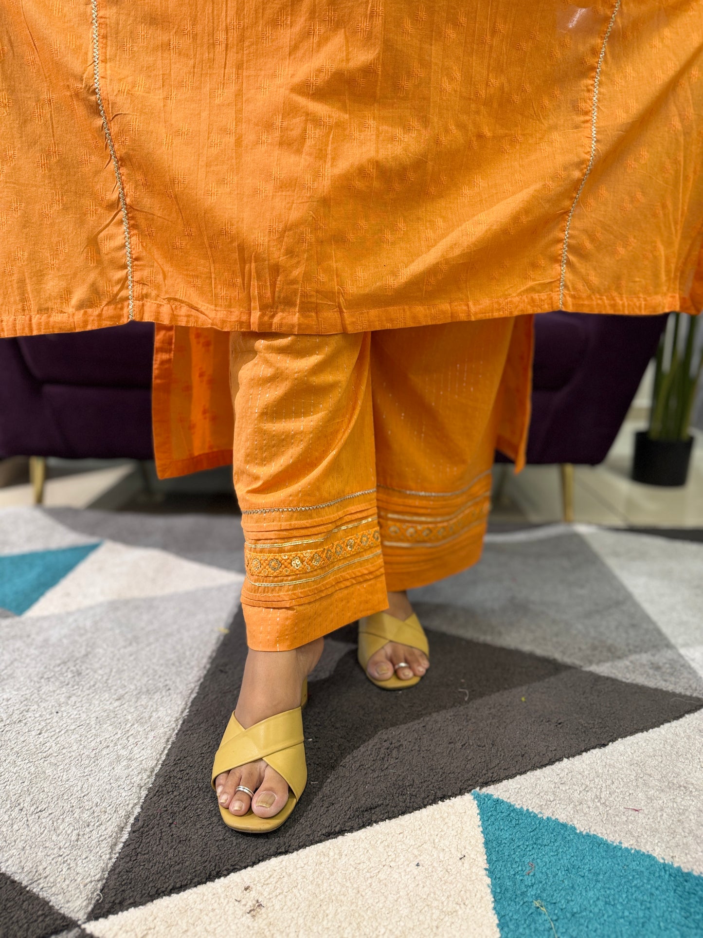 Orange colour Mulcotton Suit set with Kota Doriya dupatta