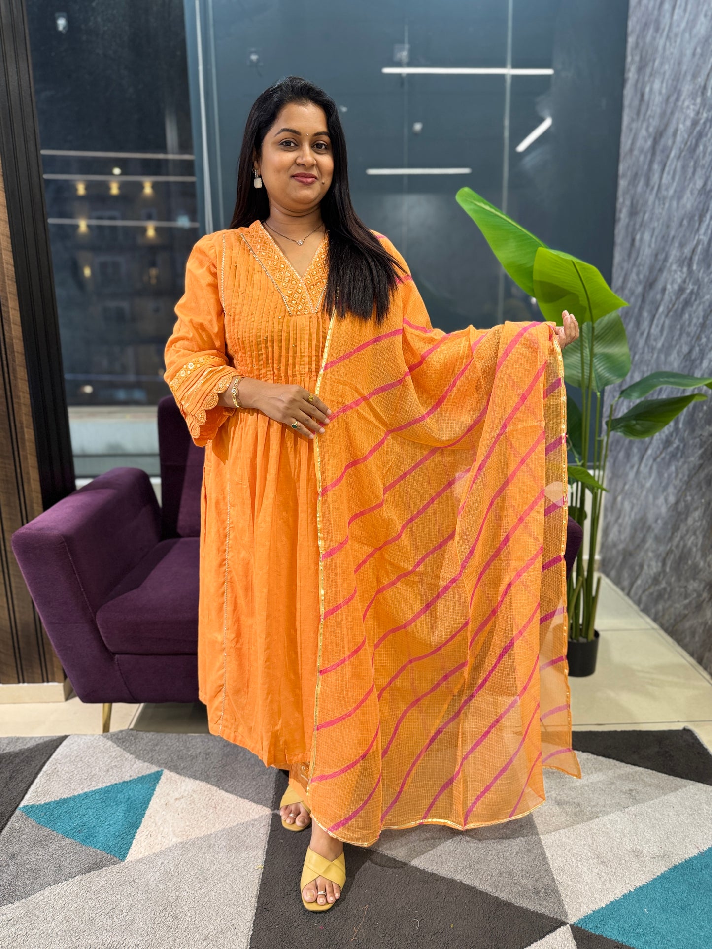 Orange colour Mulcotton Suit set with Kota Doriya dupatta