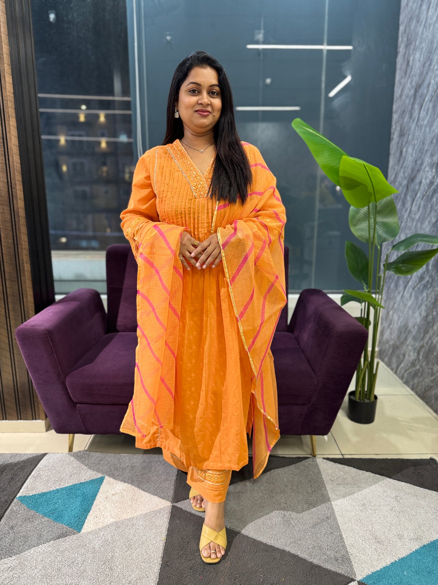 Orange colour Mulcotton Suit set with Kota Doriya dupatta