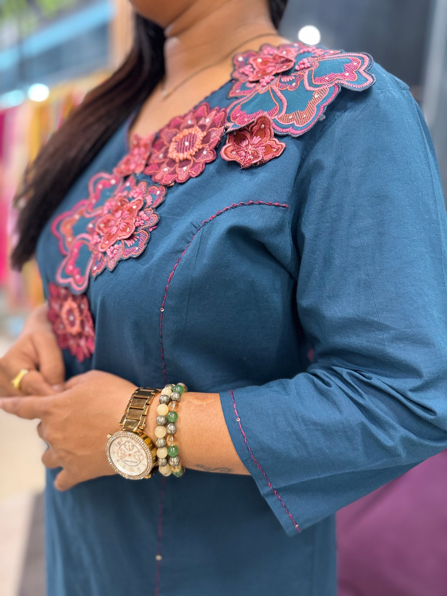 Cotton Aplique work Suit set with crush cotton dupatta