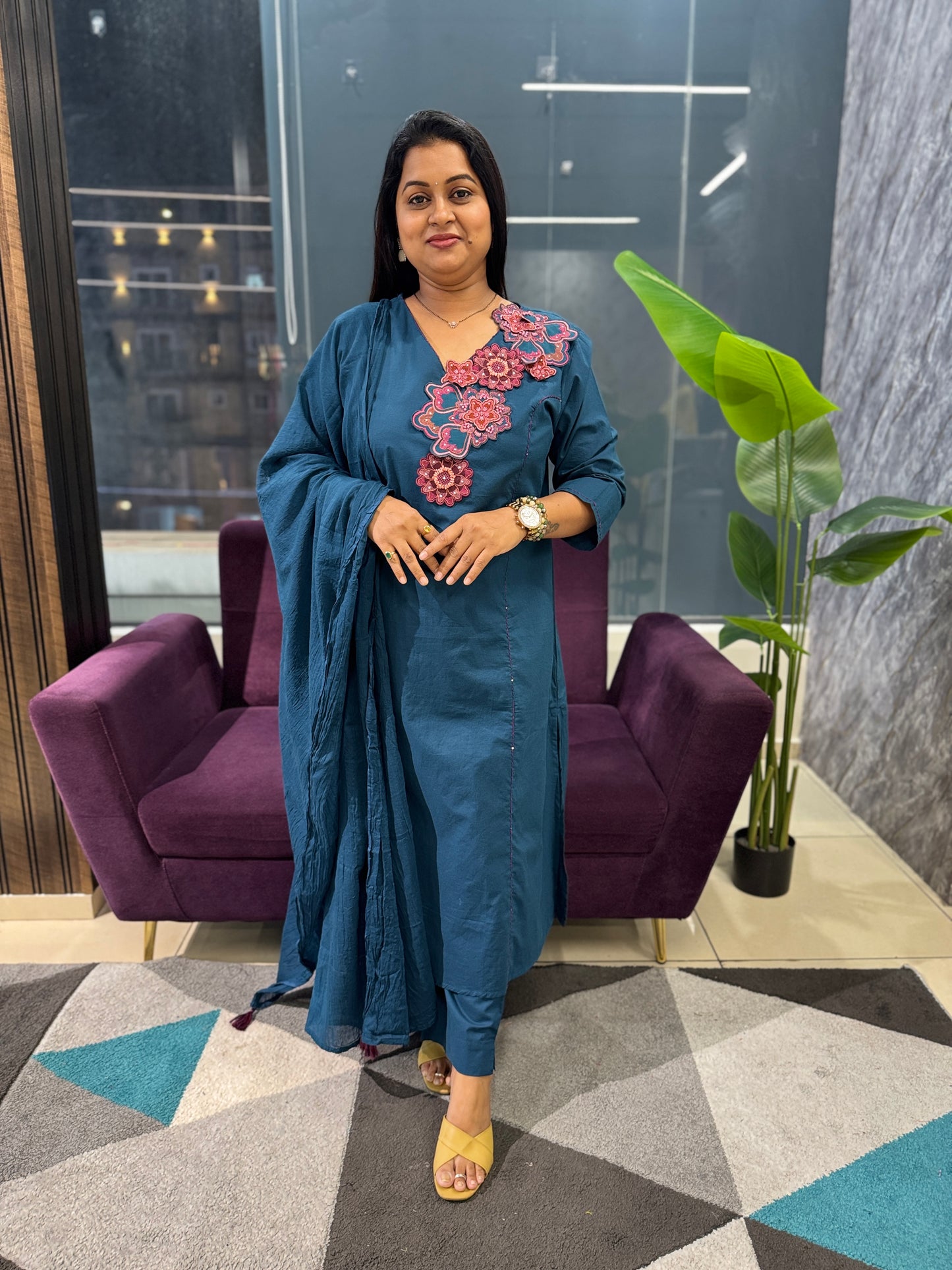 Cotton Aplique work Suit set with crush cotton dupatta