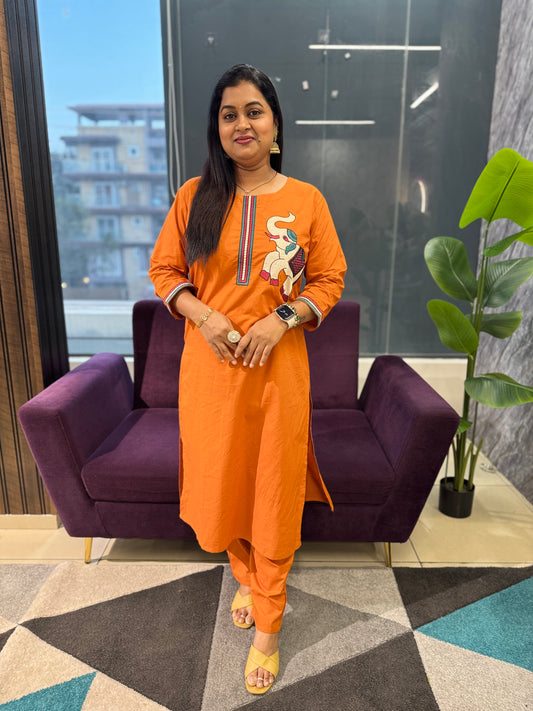 Pichwai Theme Orange Kurti Pant