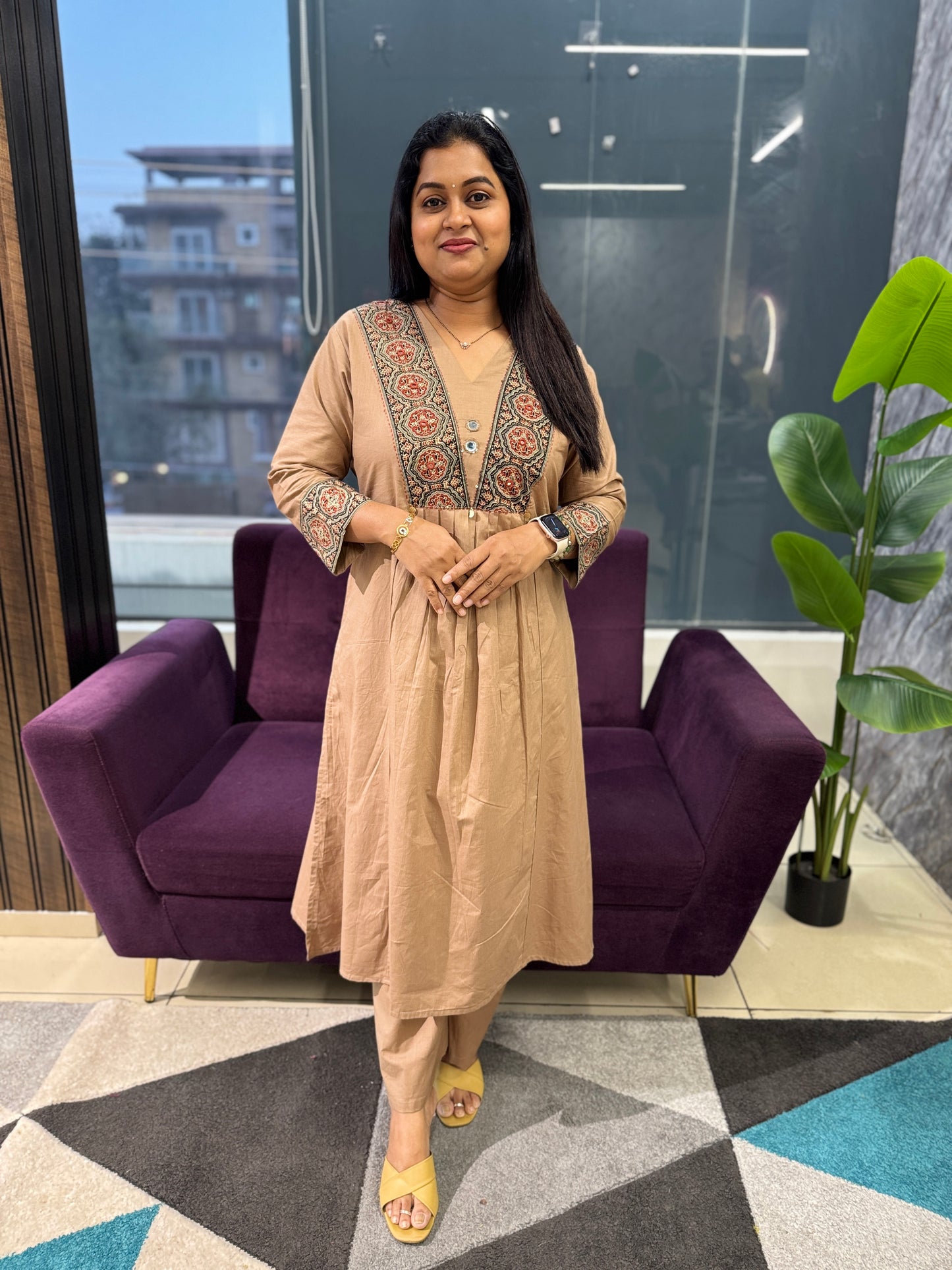 Brown Ajrakh patch work kurti pant