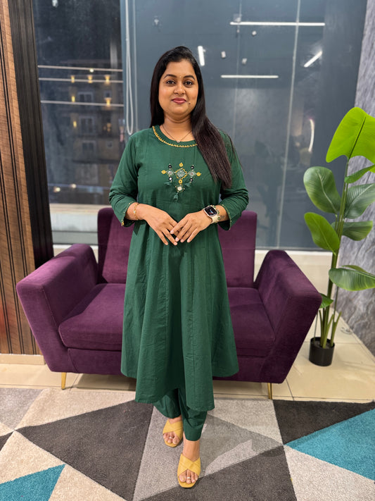 Bottle Green Kali Pattern Kurti Pant dupatta set