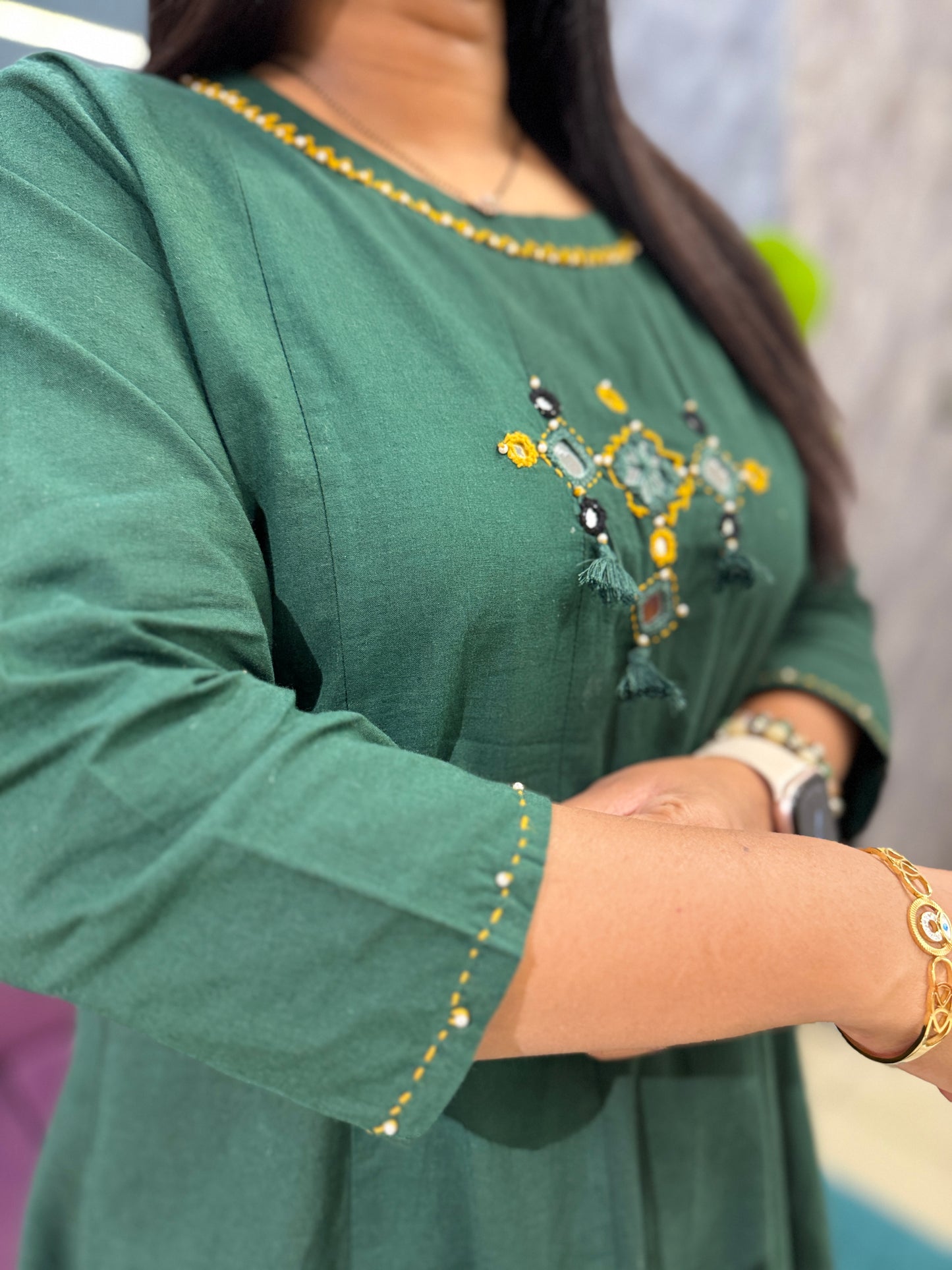 Bottle Green Kali Pattern Kurti Pant dupatta set