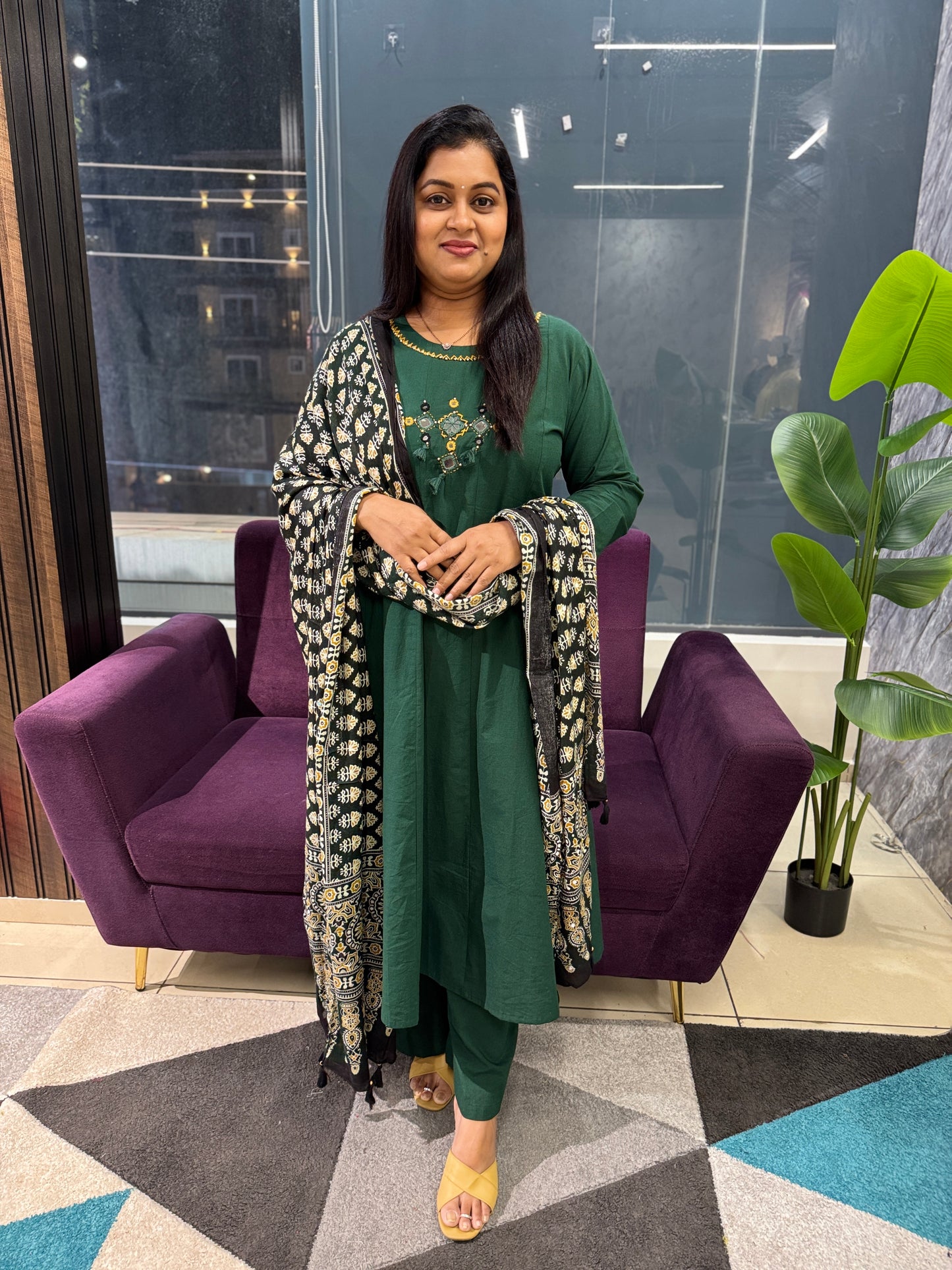 Bottle Green Kali Pattern Kurti Pant dupatta set